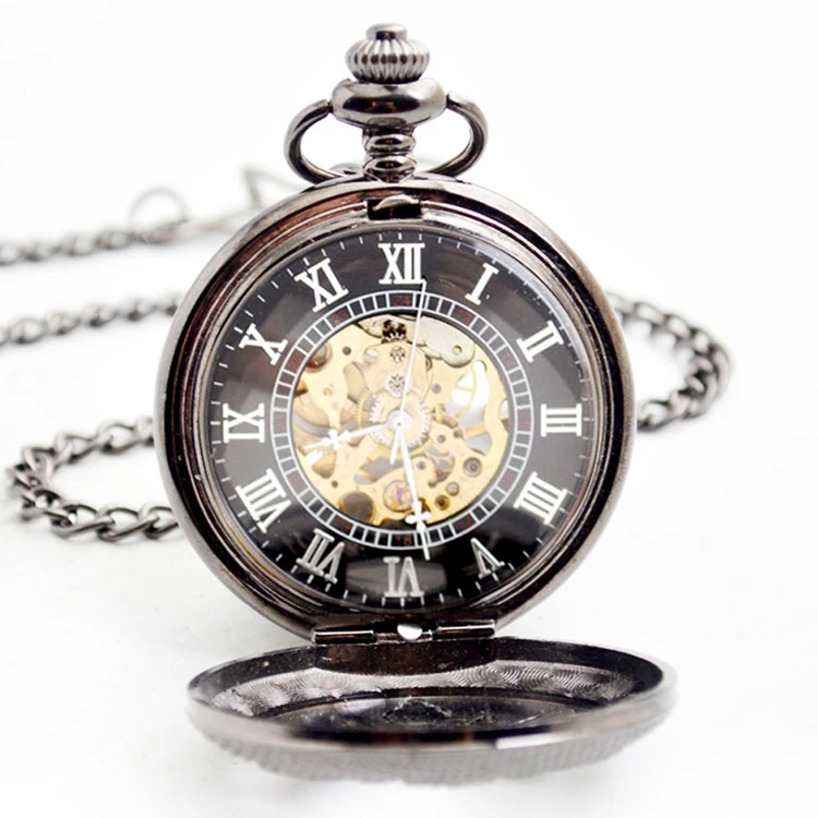 BOSHIYA Brass Hollow Six Leaves Half Hunter Mechanical Pocket Watch with Skeletal Display Roman Numeral Dial
