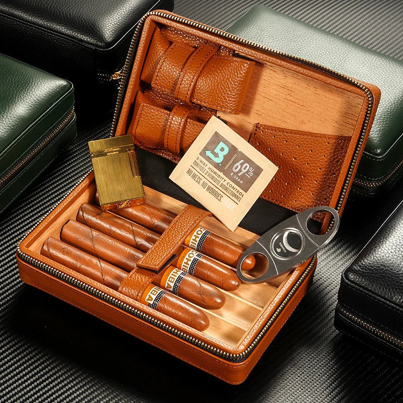 Custom Cigar Box Genuine Leather Spanish Cedar Wooden Cigar Case Humidor Luxury Storage Accessories for Travel