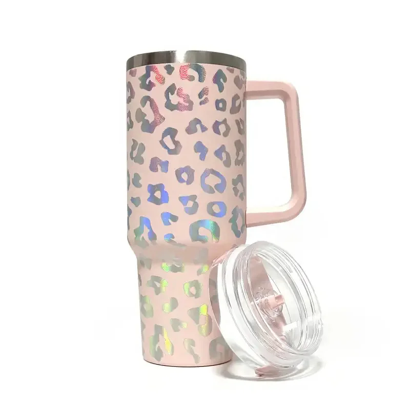 New High Capacity Laser Leopard print with handle 40OZ Double Layer Insulation Rainbow Car Cup with Straw