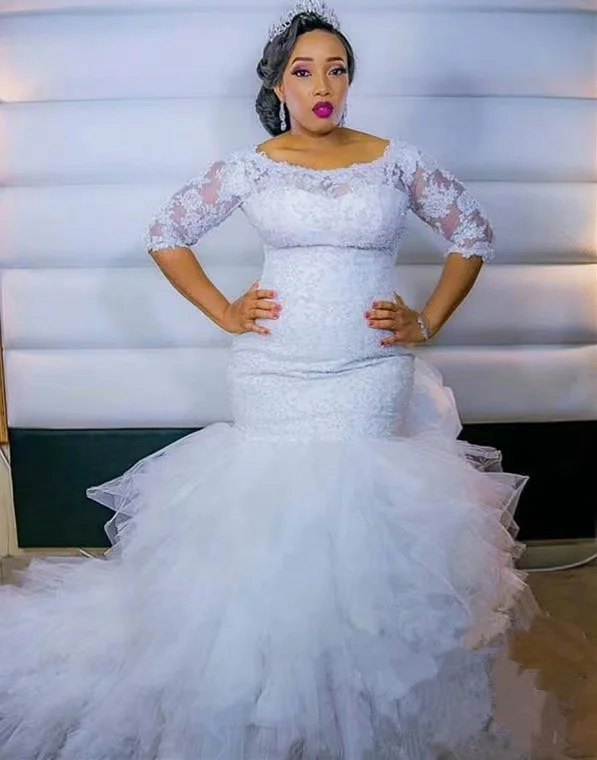 Plus Size African Mermaid Wedding Dresses Women 2022 Half sleeve Tiered Cascading Ruffles Mermaid Dress Bridal Gowns