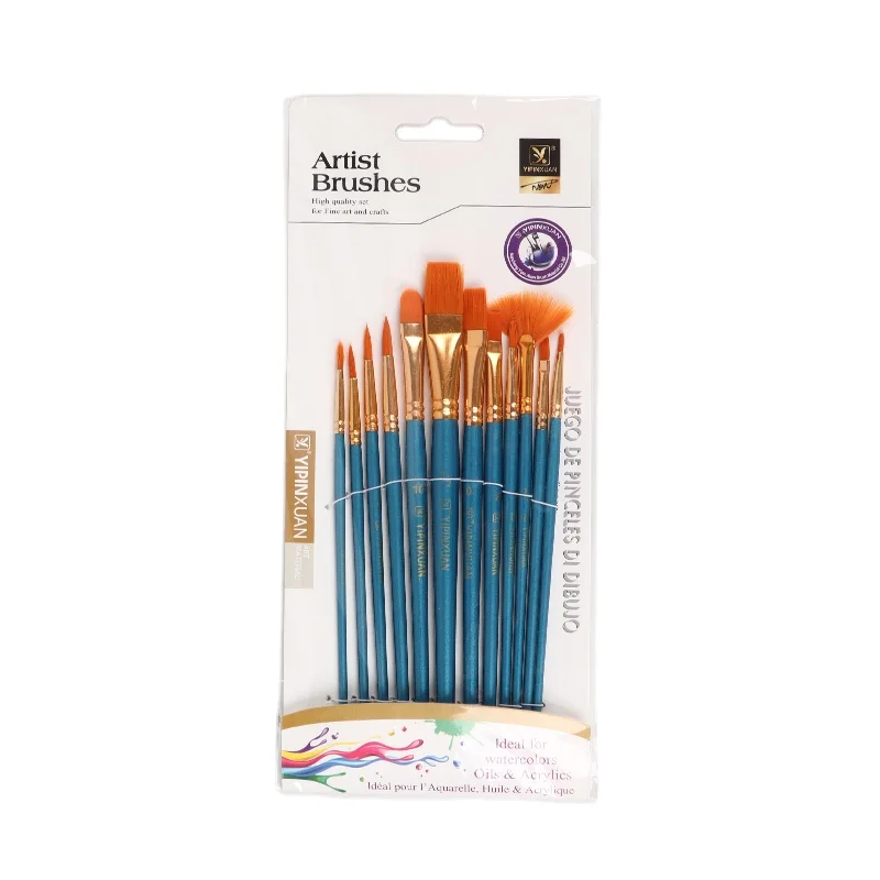 Yellow Nylon Hair Gold Metal Ferrule Blue White and Red Wooden Handle Colors  With 12pcs Multi-functional Shapes For Artist