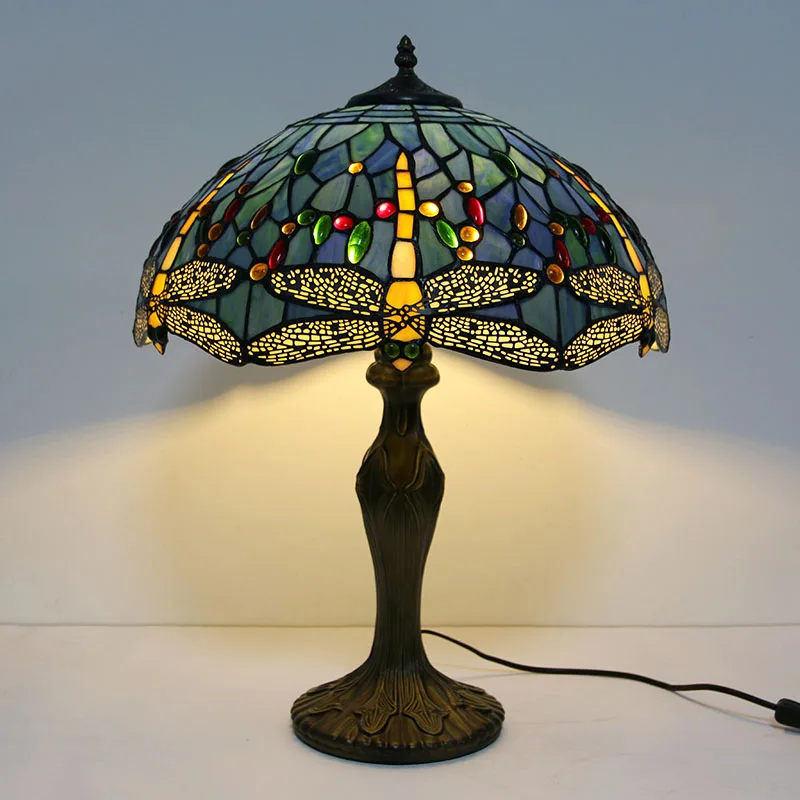 LongHuiJing Tiffany style stained glass table lamp 16Inch lampshade dragonfly LED E27 bulb decor desk lights