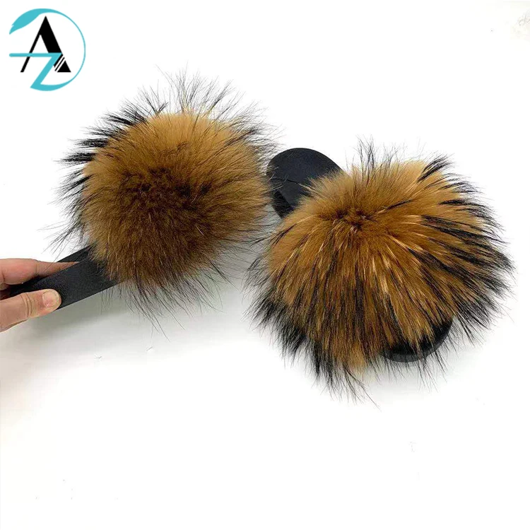 
Custom cheap price designer natural color women furry fur slides fluffy raccoon fur slippers 