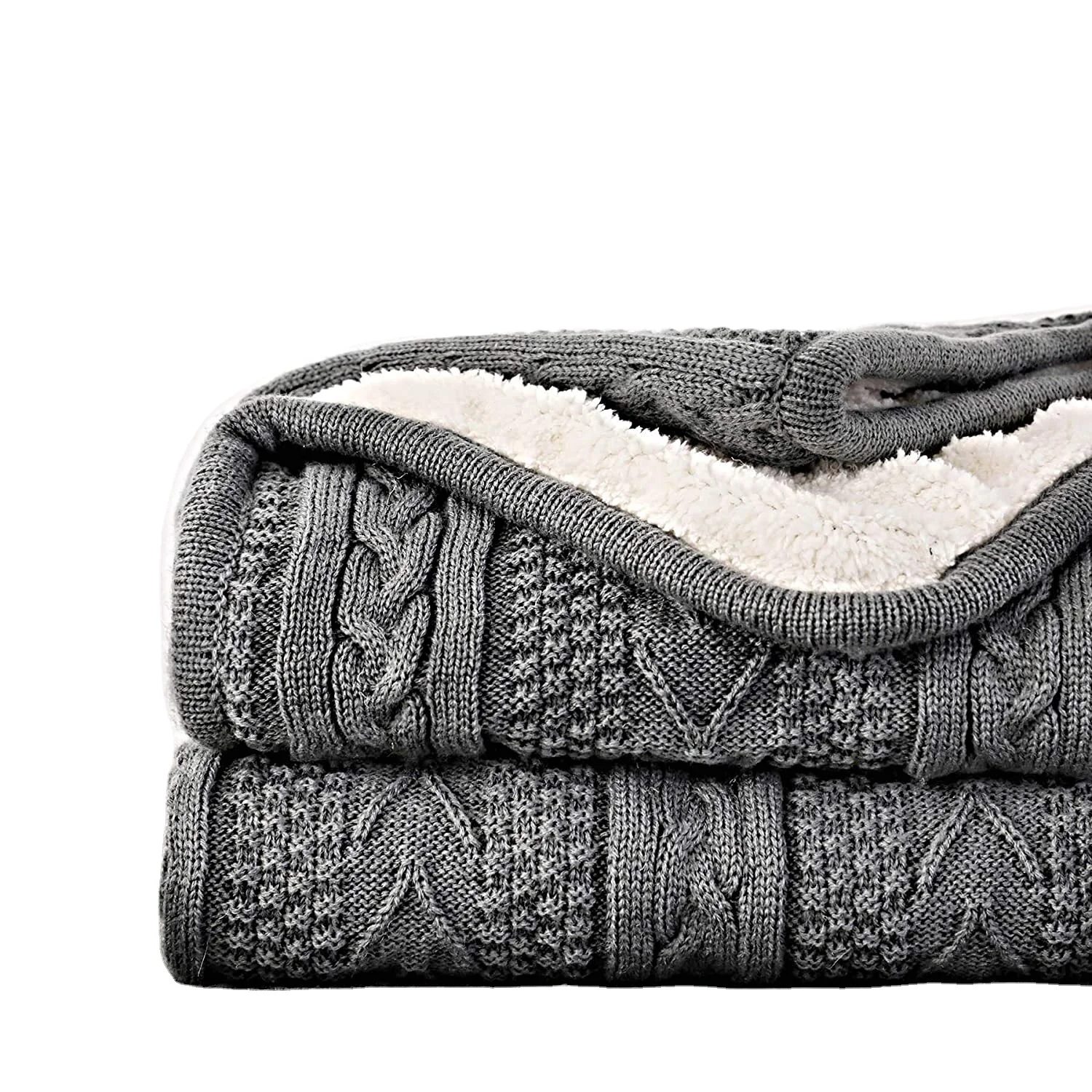 bedding Acrylic Cable Knit Sherpa Throw Blanket - Thick, Soft, Big, Cozy Grey Knitted Fleece Blankets for Couch, Sofa, Bed - Lar