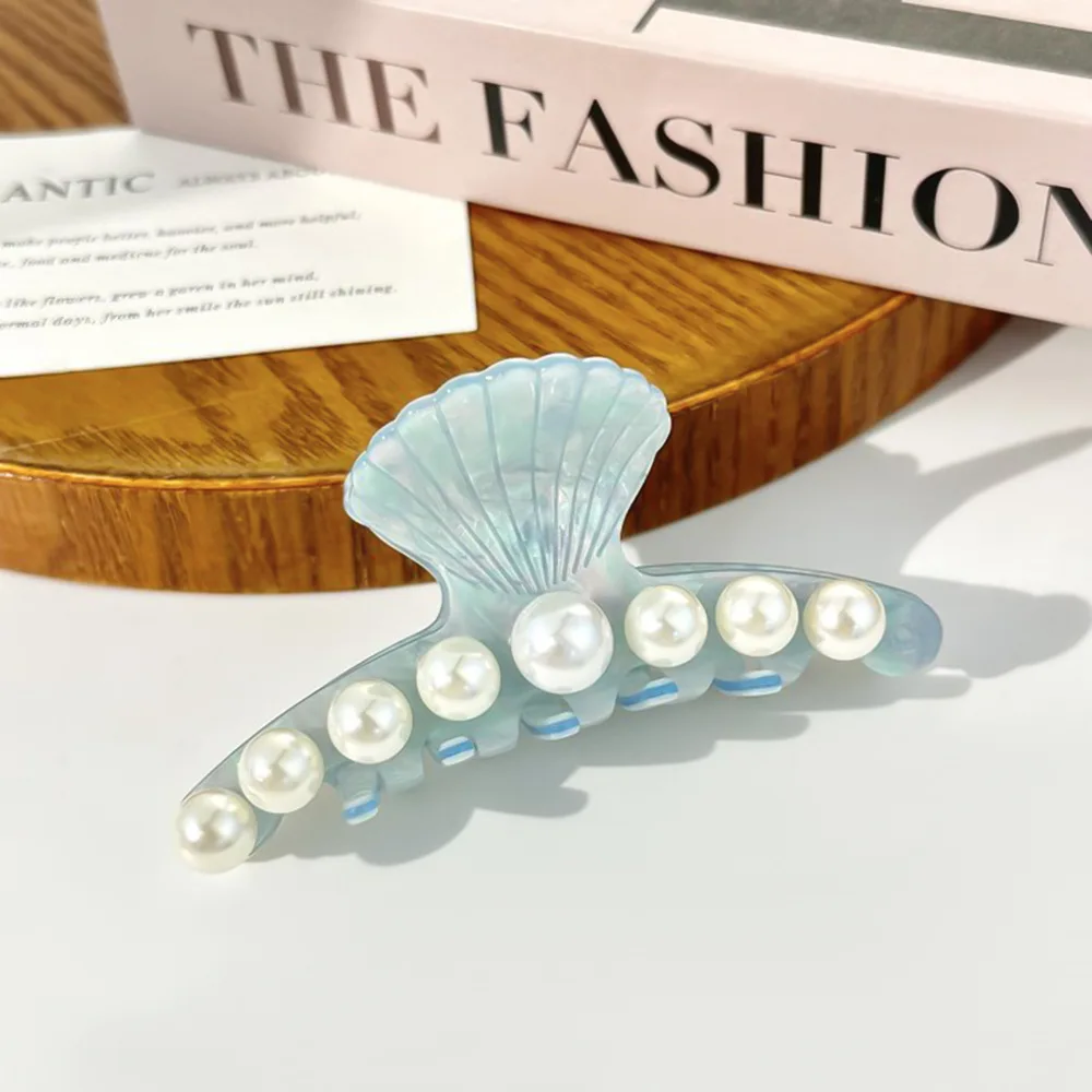 9.8cm Fishtail Shell Hair Claw Clips Vintage Party Decorative Acetate Acid Materials With Pearl for Girls and Women