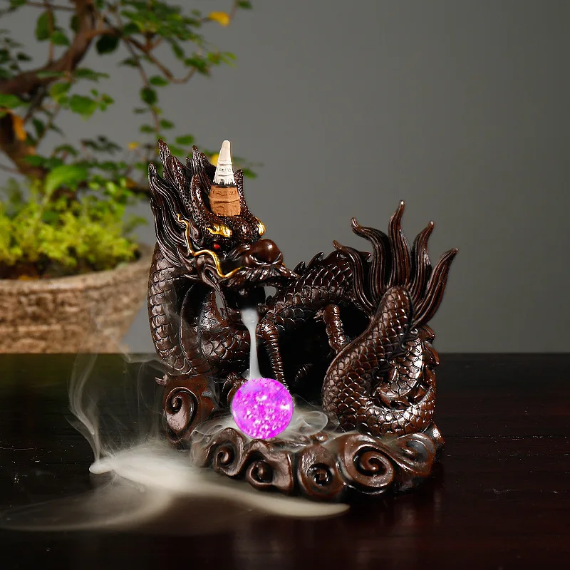 Resin Craft Home Desktop Decor Dragon Backflow Incense Burner with LED Light Crystal Ball Smoke Waterfall Incense Censer
