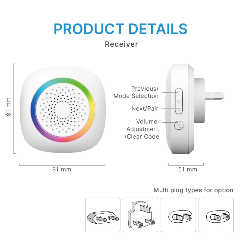 Wireless Doorbell No Battery required Waterproof Self-Powered Door bell Sets Home Outdoor Kinetic Ring Chime Doorbell