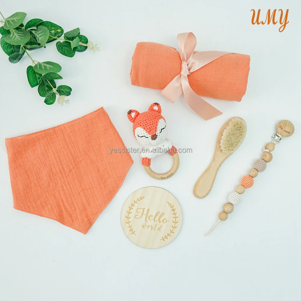 Baby Comforter Toy Security crochet dinosaur rattle Gift Set Custom Solid Cotton Baby Muslin Swaddle Blanket Set