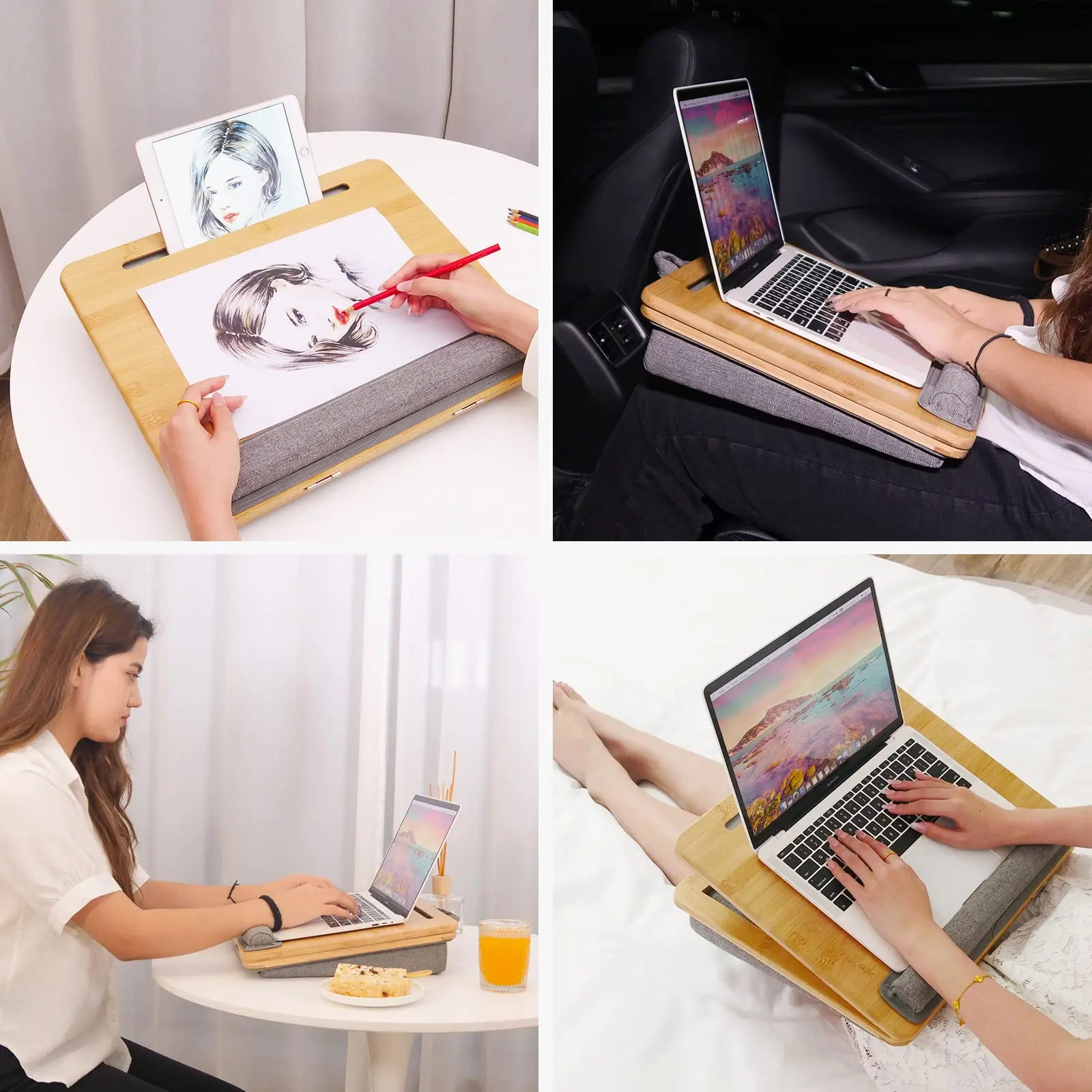 4-Slot Tilting Angle Portable Bed Tray Bamboo Lap Desk Adjustable Laptop Table With Cushion for Home Office