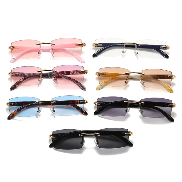 Custom Men Ivory Color Buffalo Horn Small Square Pearl Rhinestone Diamond Shades Bling Retro Trendy Rimless Sunglasses Women