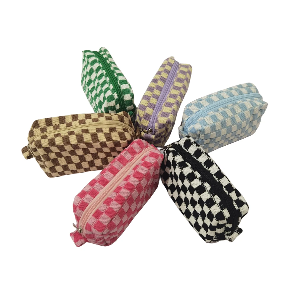 Soft Cute Knit Pencil Bags for Girls Kids Checkered Pencil Pouch Bag Zipper Cosmetic Pouch with Custom Logo