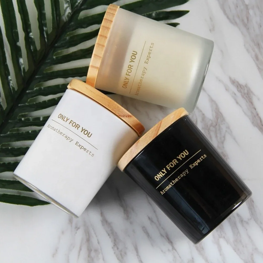 Большие 6 унций 8 10 12 14 15 янтарные черные матовые глянцевые многоразовые Пустые стеклянные банки для свечей с деревянными крышками