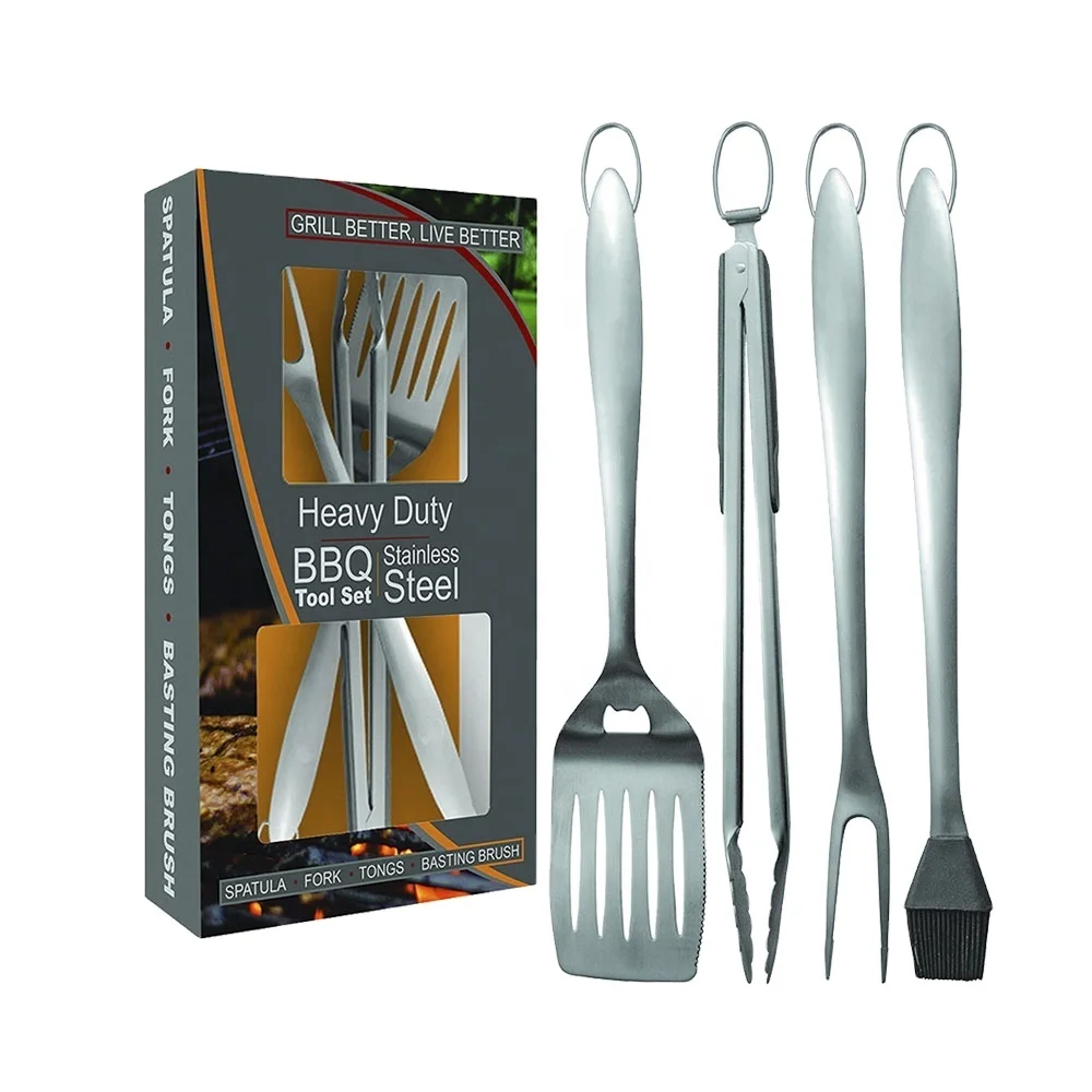 4PCS Heavy Duty BBQ Grilling Tools Set. Extra Thick Stainless Steel Spatula, Fork, Basting Brush & Tongs. Gift Box Package.