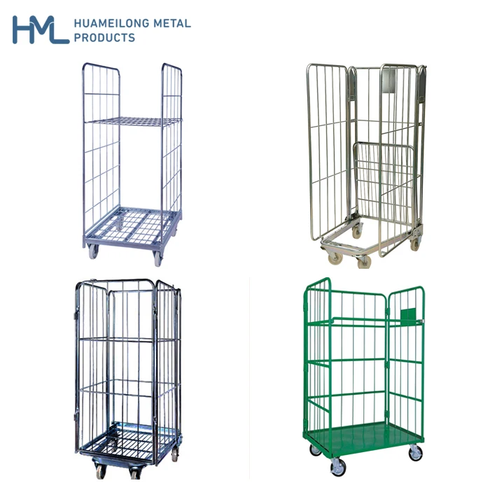 HML mild steel collapsible heavy duty folding wire mesh laundry roll cage trolley for industrial laundry