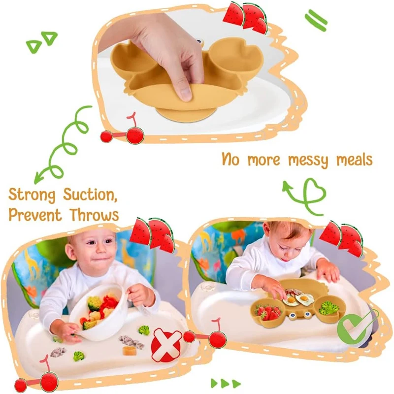 Wholesale Kids Silicone Feeding Set 6-Piece Food Grade Baby Tableware Set with Cartoon Style Forks Spoons Plates Suction Lid