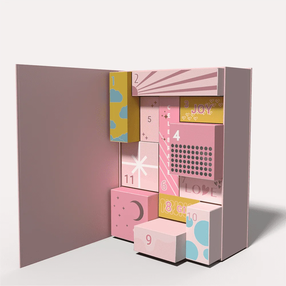 Custom Empty Cosmetic Advent Calendar Gift Box Pink Cardboard Paper Box Luxury Advent Calendar Box 12 Days