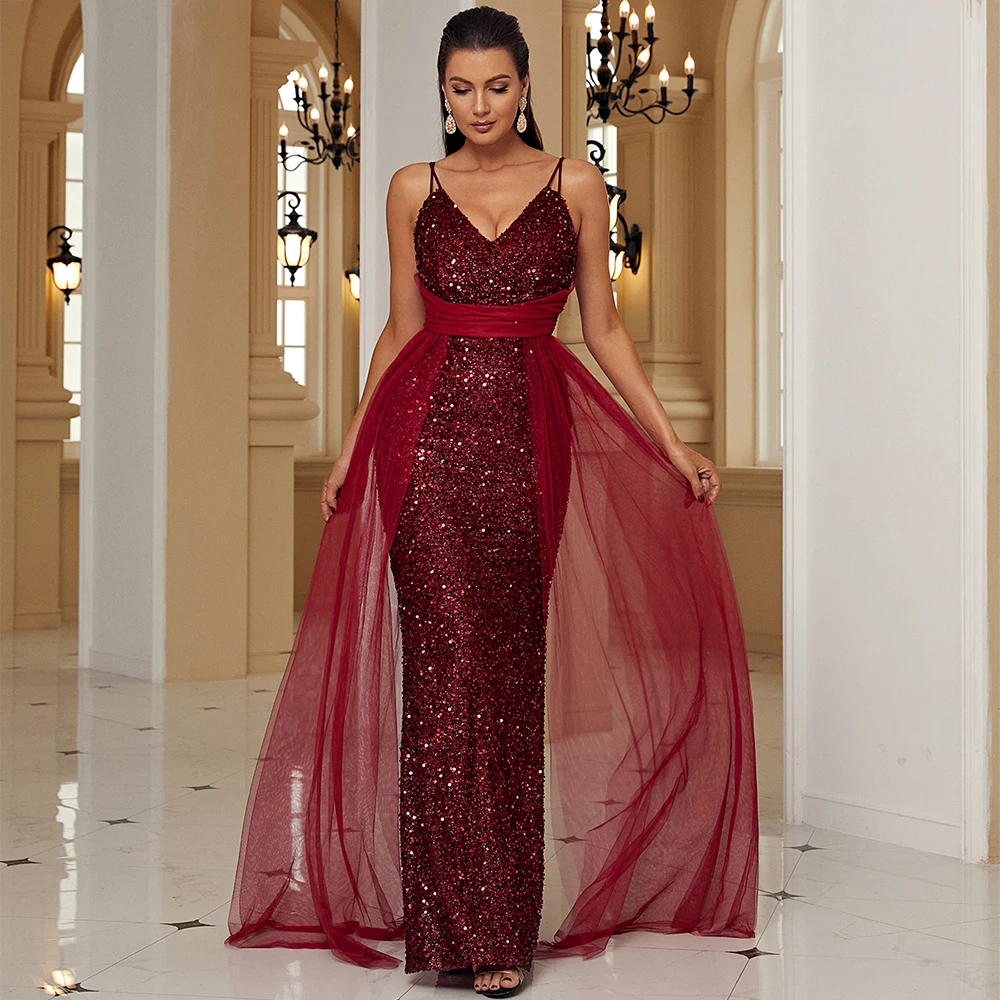 Missord Contrast Sequin Mesh Overlay Formal Sequins Evening Dress In Red Gowns For Women
