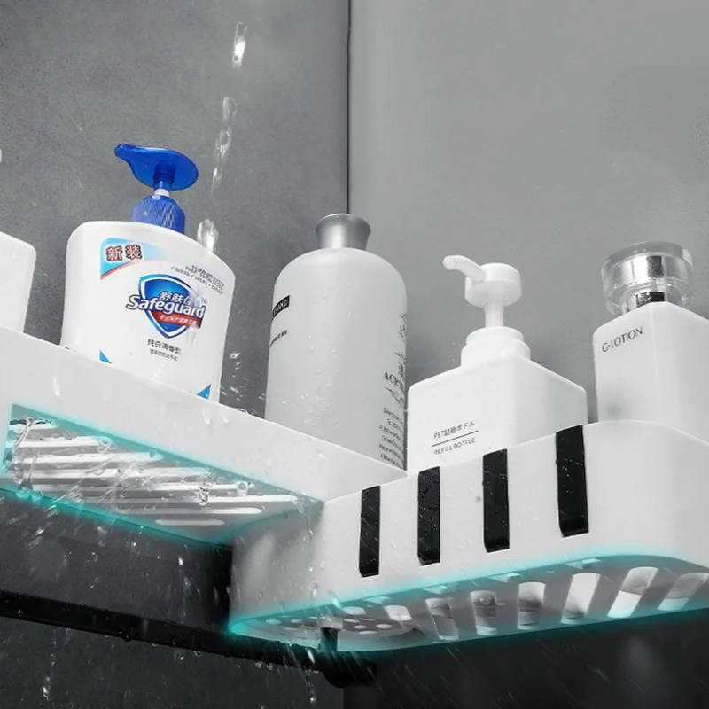 Bathroom No Drilling Plastic Wall Hanging Storage Shelf With 4 Hooks Shower Corner Shelf