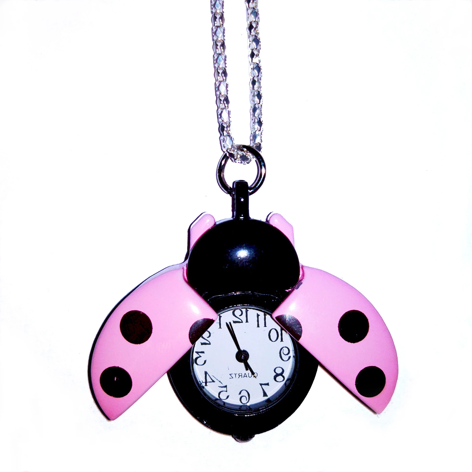 Unique Design Lovely Ladybug Shape Pendant Wrist Watch With Chain For Kids Fashionable Sweater Necklace Clock Quartz Watch