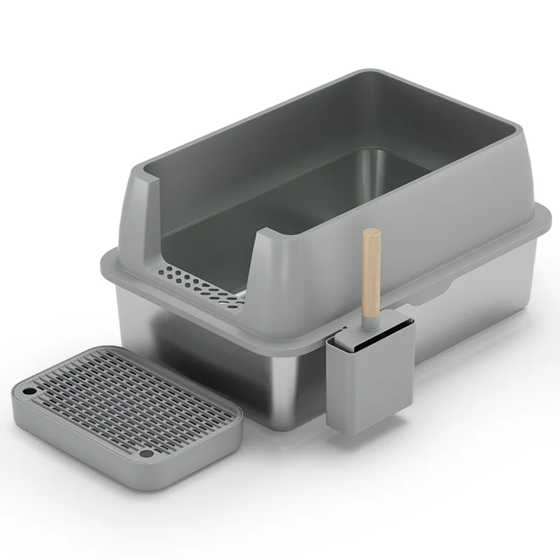 Large Capacity Grey Cheap Portable Manual Cleaning Stainless Steel Cat Litter Box Pet Toilet Furniture