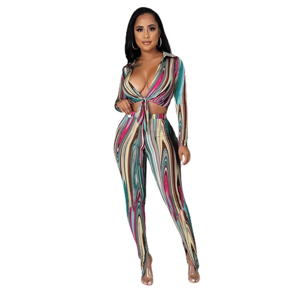 New arrivals hot sale deep V neck short top and pants set sexy long sleeve two piece set women clothing