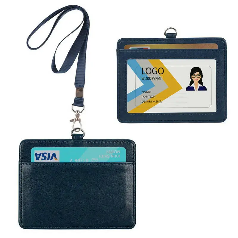 PU Leather ID Tag Working Permit Case for Staff Employee Pass Work Card Cover Badge Holder Sleeve with Lanyard ID Tag Neck Strap