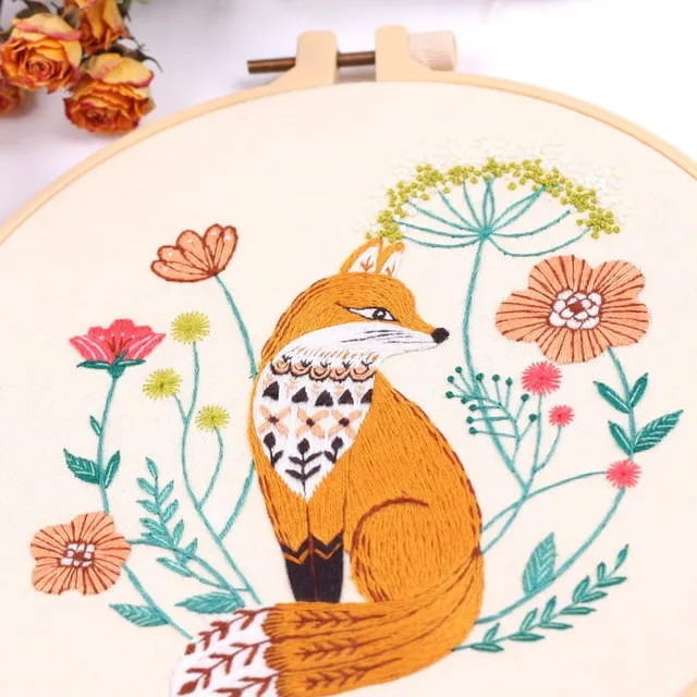 DIY Butterfly fox Pattern Embroidery Set Needlework Tools Printed Beginner Embroidery Round Cross Stitch Kit Sewing Craft Kit