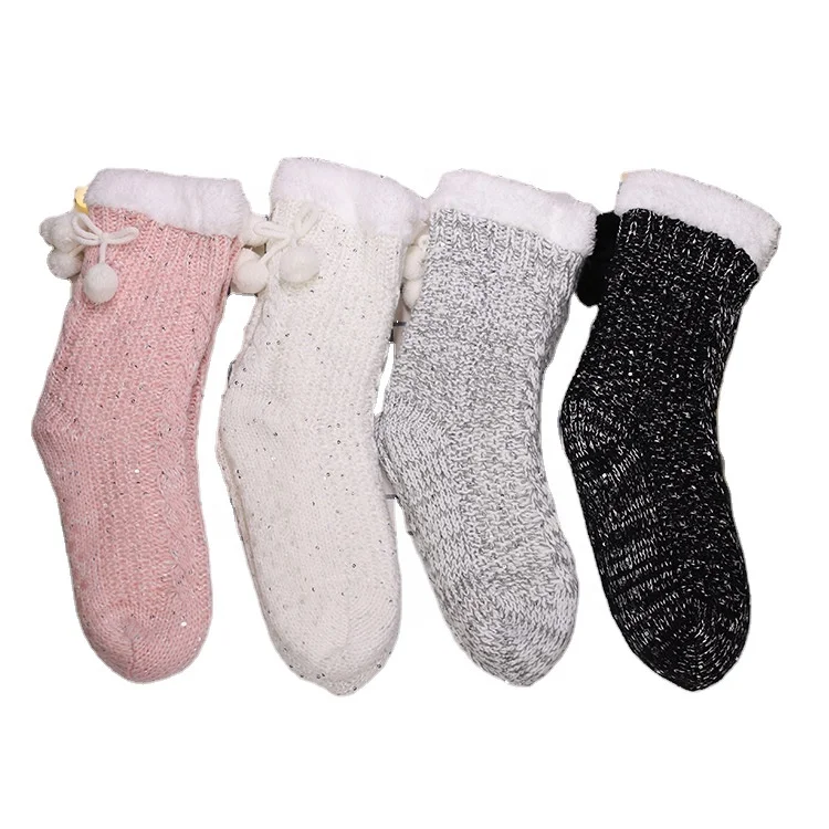 Womens wholesale Chunky Knitted cozy fleece lining indoor socks warm with slipper with pompom