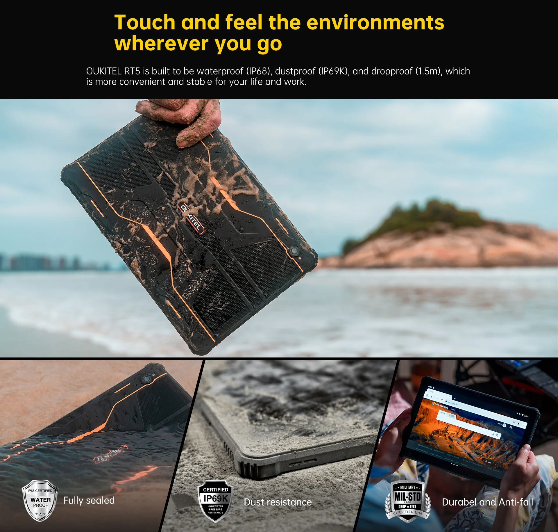 OUKITEL RT5 8GB 256GB Rugged Tablet 11000mAh 10.1 Inch FHD+ Display Android 13 Tablets 16MP Camera 33W Charged Dual 4G Pad