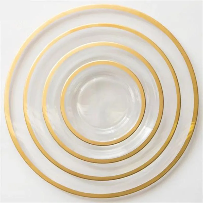 Decorative White Silver Rim Tableware Transparent Round Black Rim Dinner Plates Gold Rim Glass Charger Plate for Wedding