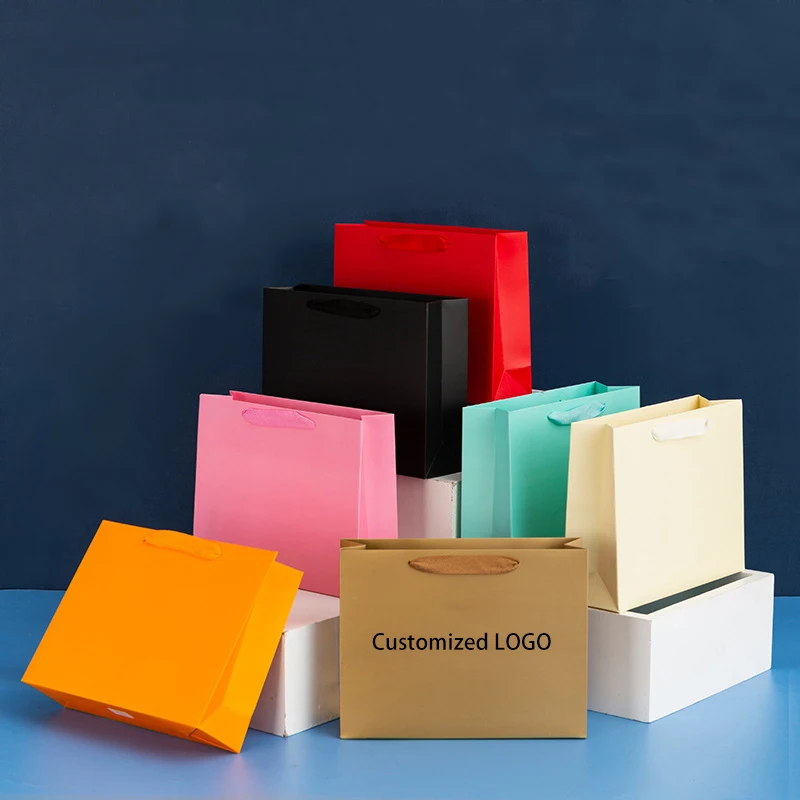 Custom Logo Shopping Various Color Blank Clothing Shoe Oem Kraft Wedding Gift Packaging  Paper Gift Bags With Handle