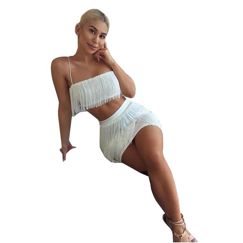 Ladies Sexy Nightclub Dress Sling Top Hip Dress Tassel Two-piece Suit Women Traje De Borla De Falda