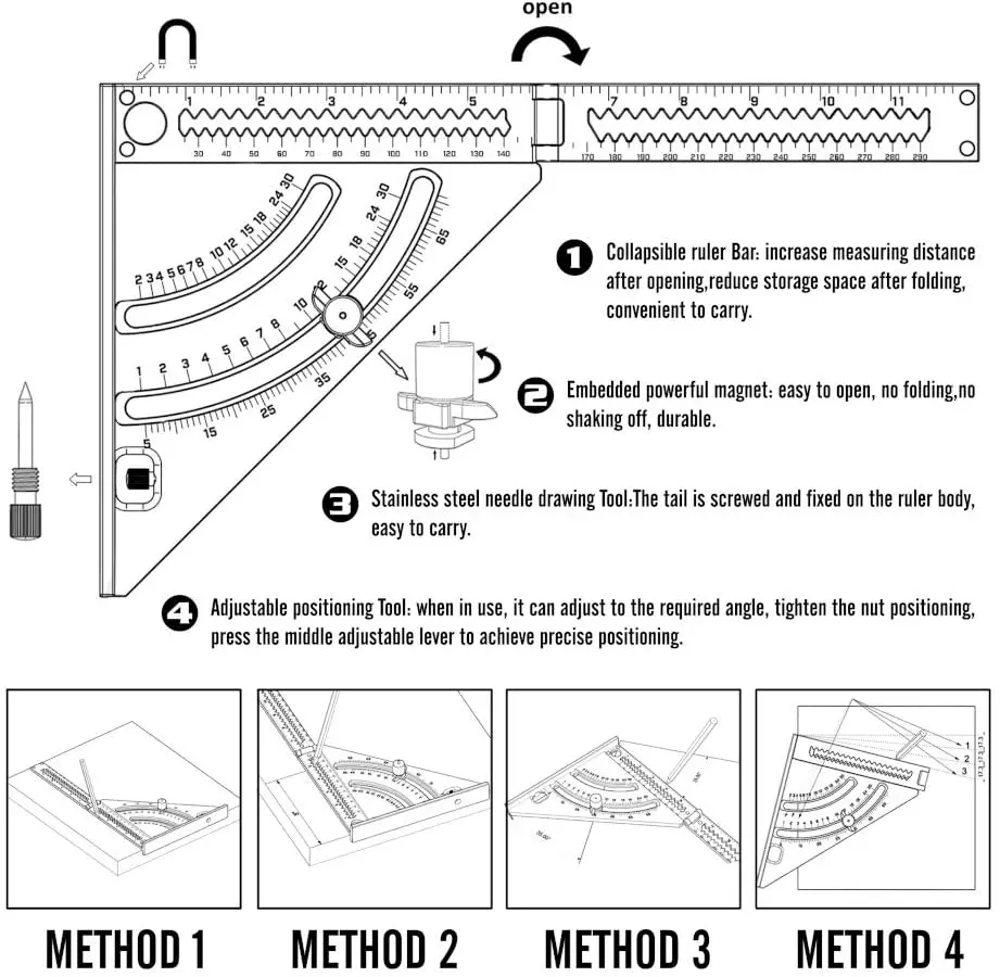6 Inch Folding Triangle Ruler, Multi-angle Measurement Aluminium Alloy Multifunctional Woodworking Tools Speed Square