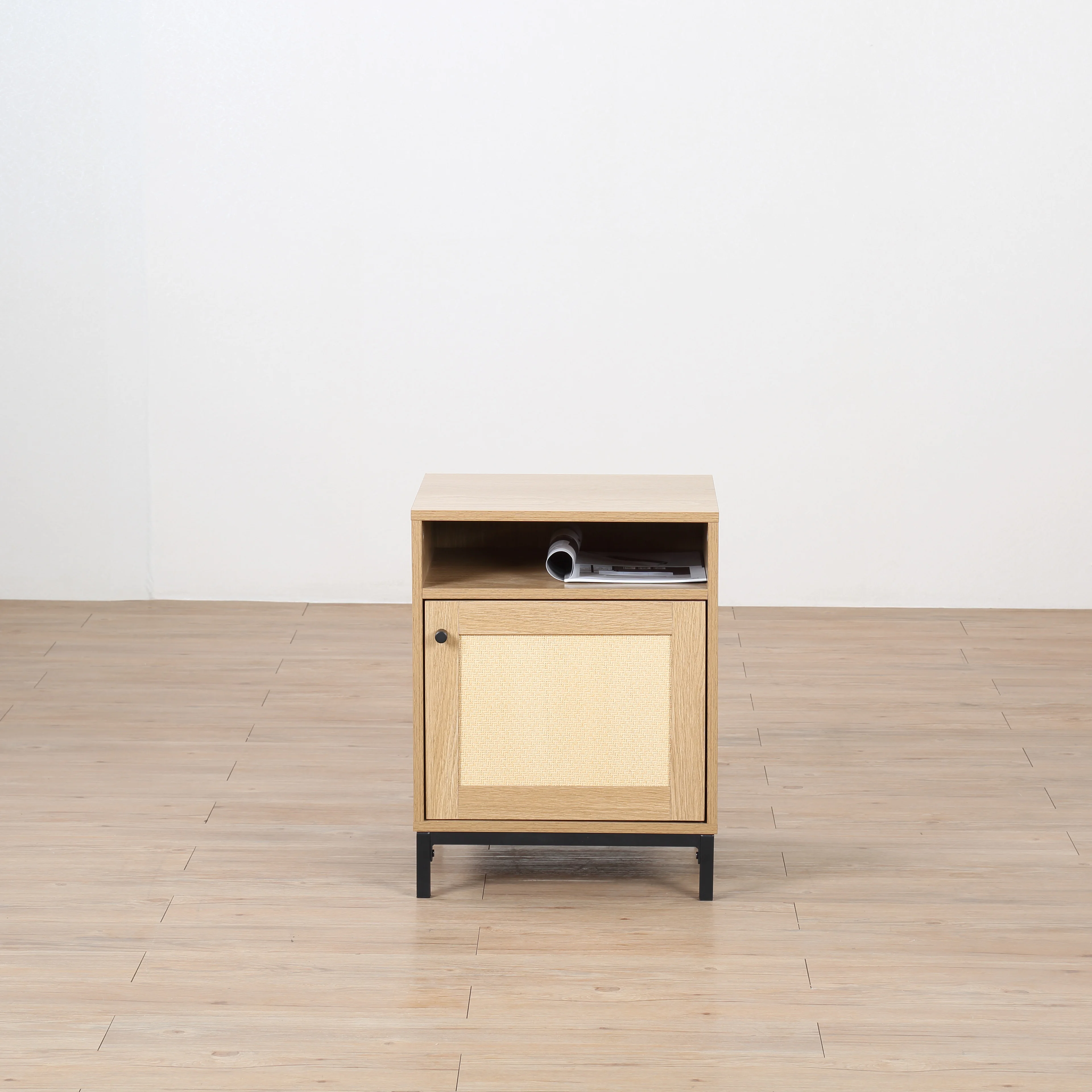 Wholesale paper rattan 1door 1 shelf shelf  kitchen liner dining living entryway storage racking handle metal leg wooden cabinet