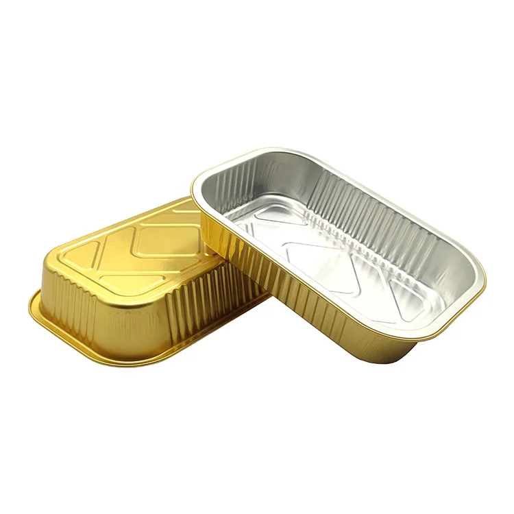 Gold Disposable Aluminum Fast Food Tray Smooth Wall Heat Seal Lid Takeaway Foil Food Containers With Plastic Cover