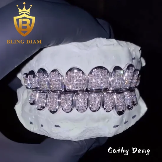 Hip Hop Jewelry Sparkle Men Fashion D VVS moissanite Grillz iced out 925 Sterling Silver Teeth Grillz  8 top 8 bottom Buss Down