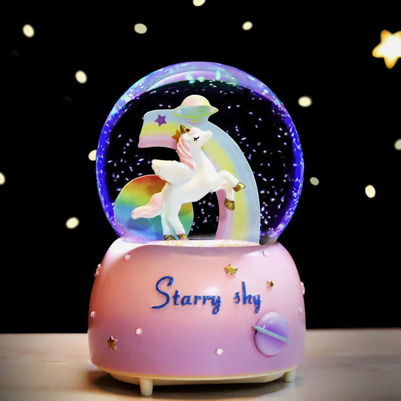 Cute Cartoon Unicorn Crystal Ball with Light Music Box Glass Sphere Resin Crafts Desktop Decoration Ornament Wholesale Gift