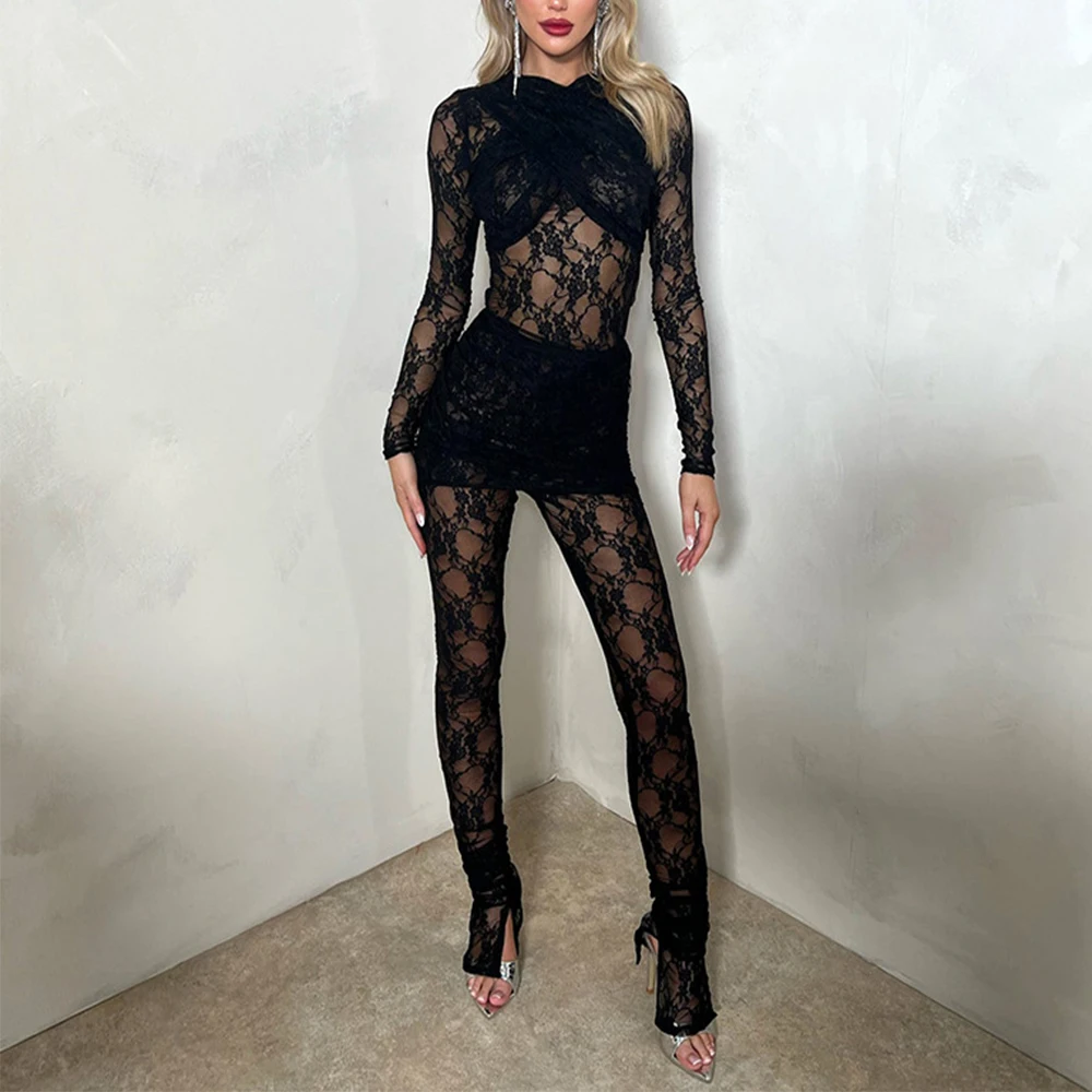 2024 Latest Sexy Lace Outfits Long Sleeve Jumpsuit And Skirt 2 Piece Set For Women