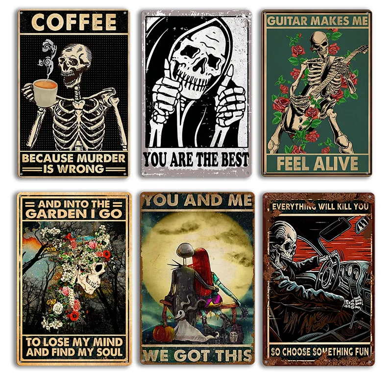 UV Printing Vintage Old Signs Motivating Skeleton Slogan Metal Vintage Tin Sign Custom Designs