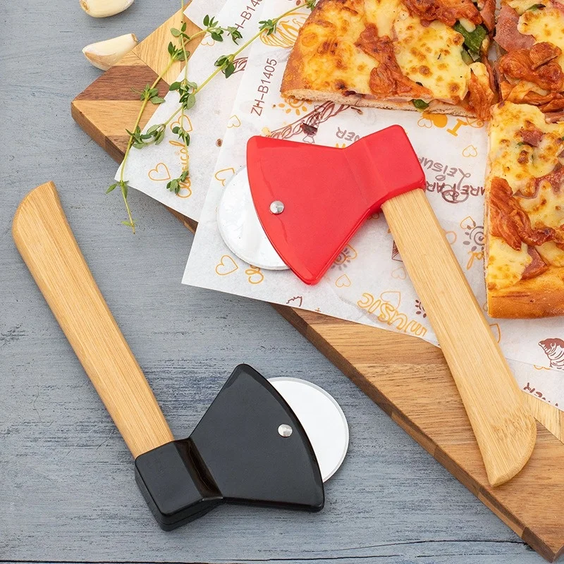 Wooden Bamboo Handle Axe Shape Single Wheel Roller Bread Pies Round Knife Cake Knife Pizza Tool Pizza Cutter