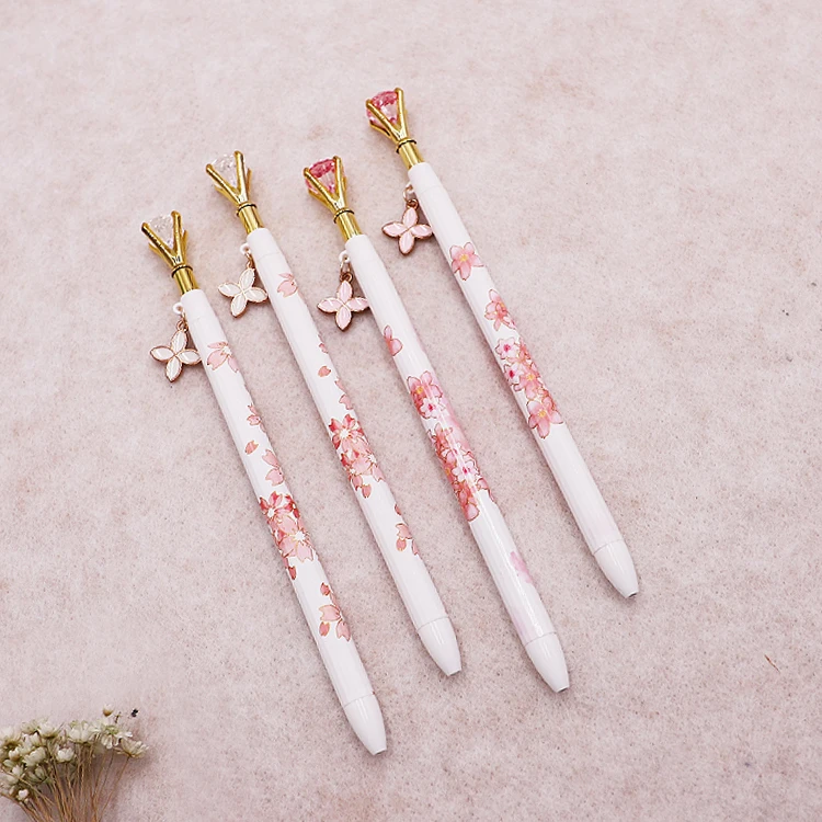 High Quality Cute Flower Printed Crystal Gel Pen Pink and White Diamond Gel lnk Pens for Scholl Office Stationary