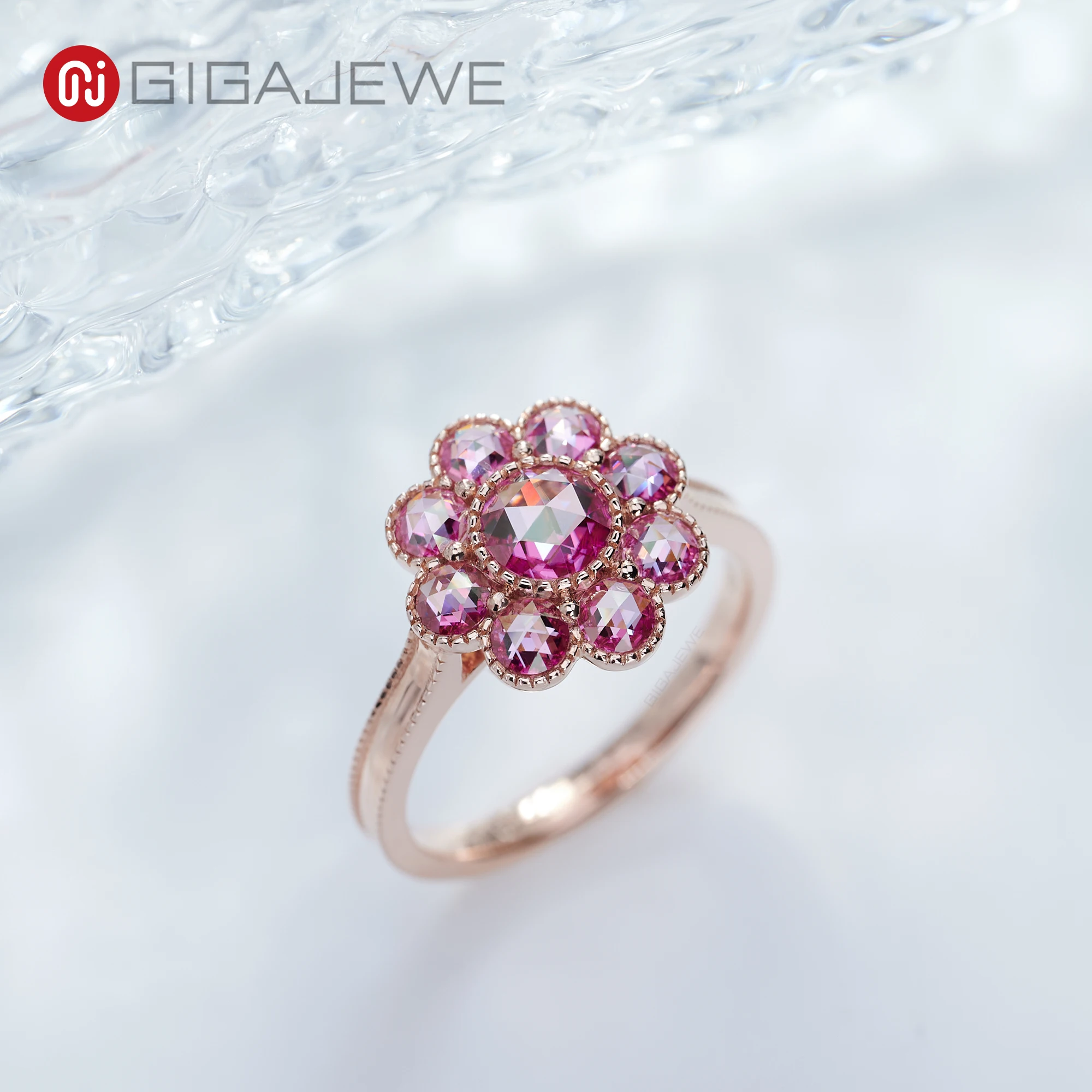 GIGAJEWE 1.8ct 6.5MM Pink color 9K/14K/18K Rose Gold Ring Rose Cut Pink Color Moissanite Ring