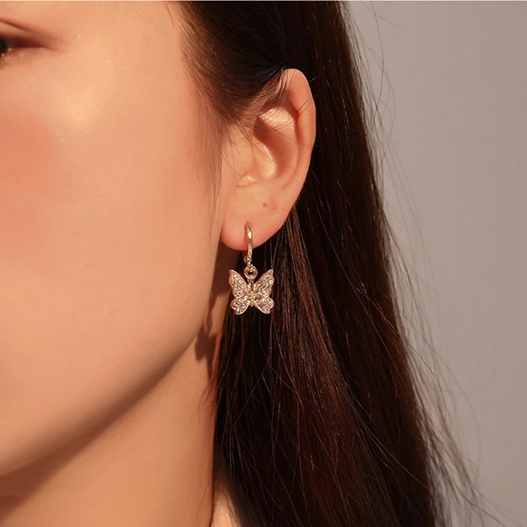 
Hot Style Women Gold Plated Butterfly Diamond Earrings Rhinestone Butterfly Hoop Earrings 
