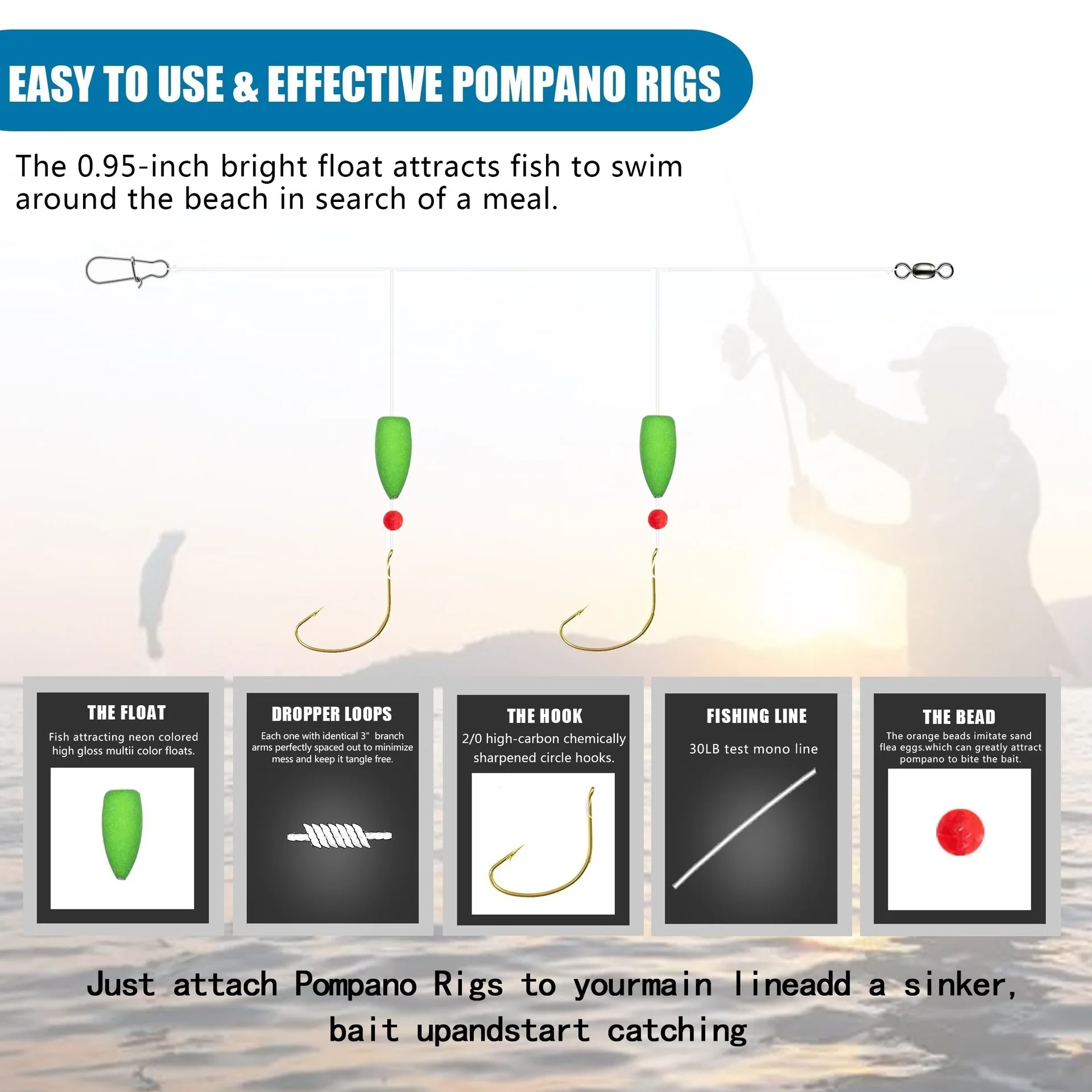 Saltwater Pompano Rigs for Surf Fishing Double Drops Pompano Rig with Floats