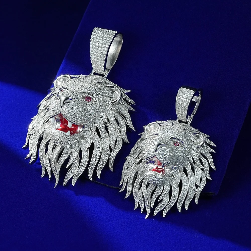 Large 60MM Real Sterling Silver Red Enamel Eye 3D Regal Gold Lion Head Pendants