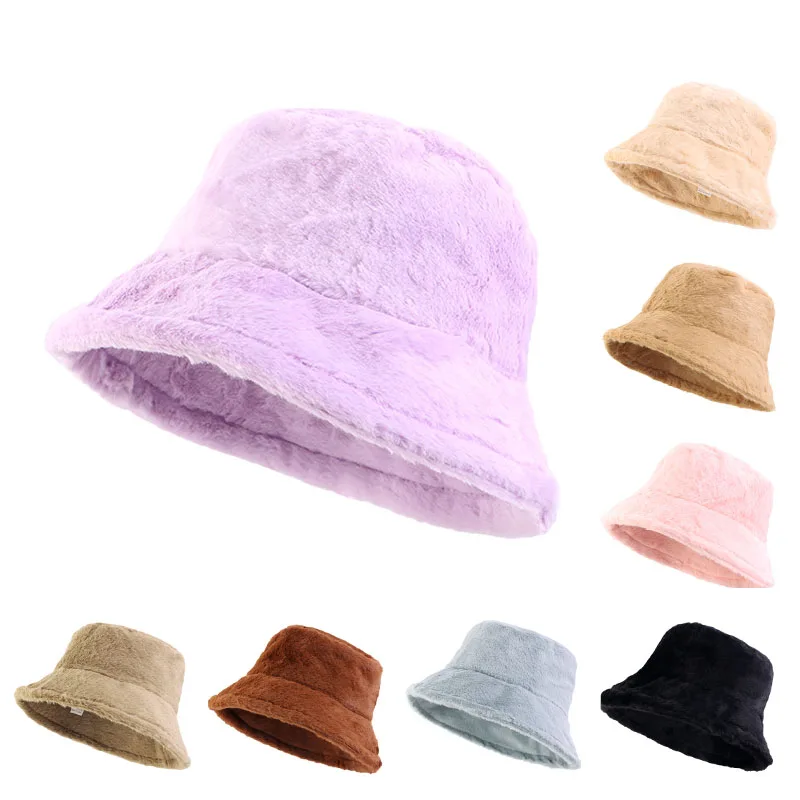 winter warm thick women solid color custom logo fishing cap plush fuzzy furry fluffy Faux Fur Bucket Hat