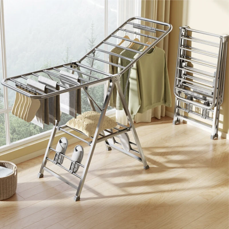 Stainless Steel Foldable Gullwing Clothes Drying Rack Space-Saving with Bonus Sock Clips for Bathroom Use