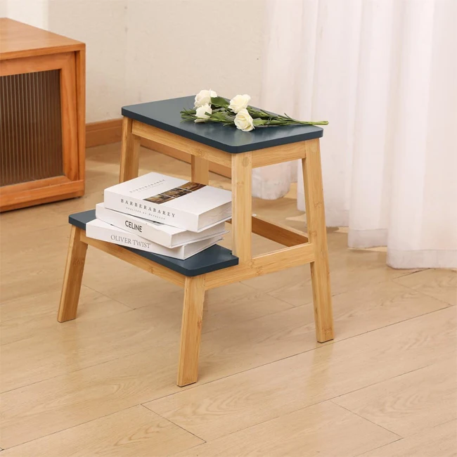 BSCI Factory Bamboo Step Stool 2 Practical Steps Home Bar Wooden Ladder for Kitchen Living Room Dining Bathroom Bedroom