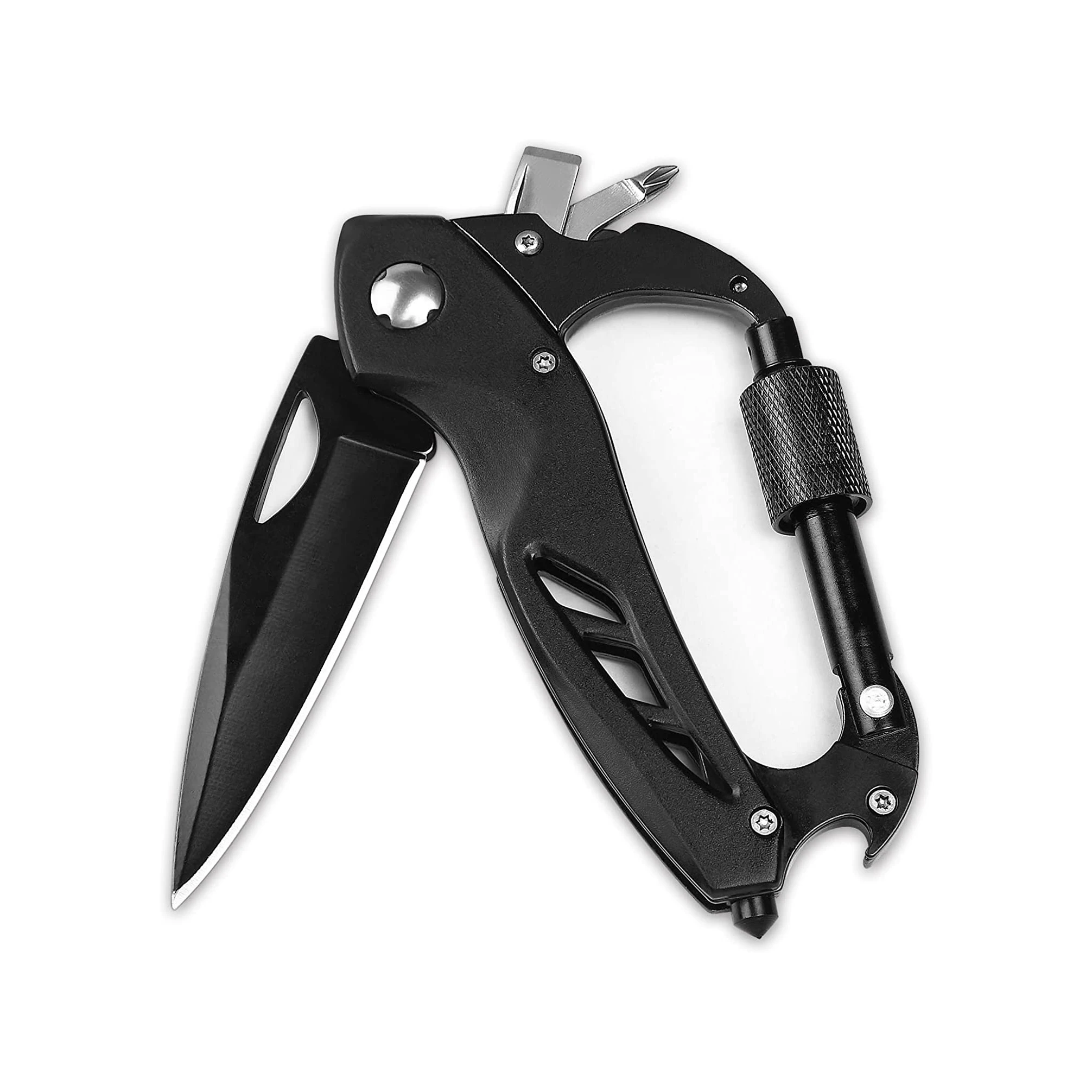 Multitool Carabiner with Pocket Knife EDC Carabiners Keychain with Folding Knives Bottle Opener Window Breaker and Screwdriver