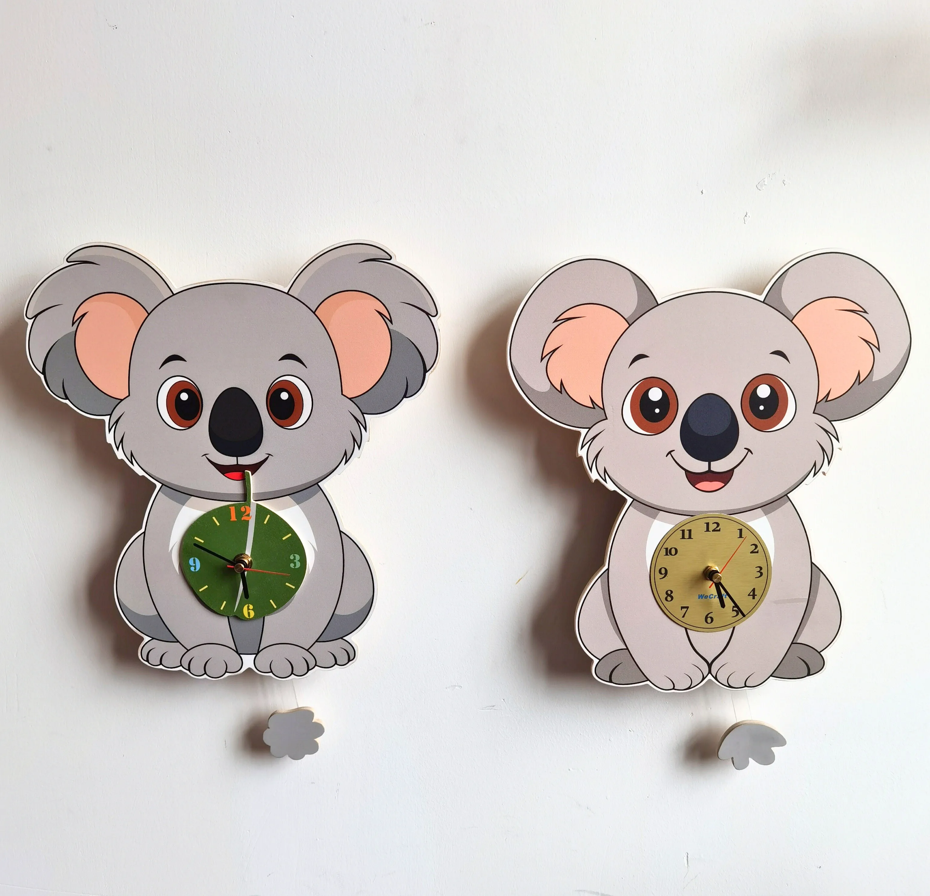 Cute Koala Wood Wall Clock Moving Pendulum Cartoon Clock Kids Room Wall Decor Super Silent Movement For Kids And Nursery Room